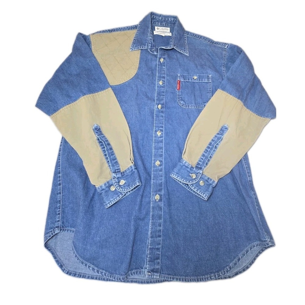 Vtg 90s Columbia Denim Hunting Shirt Mens Large Red Tab Shooting Patch Canvas L